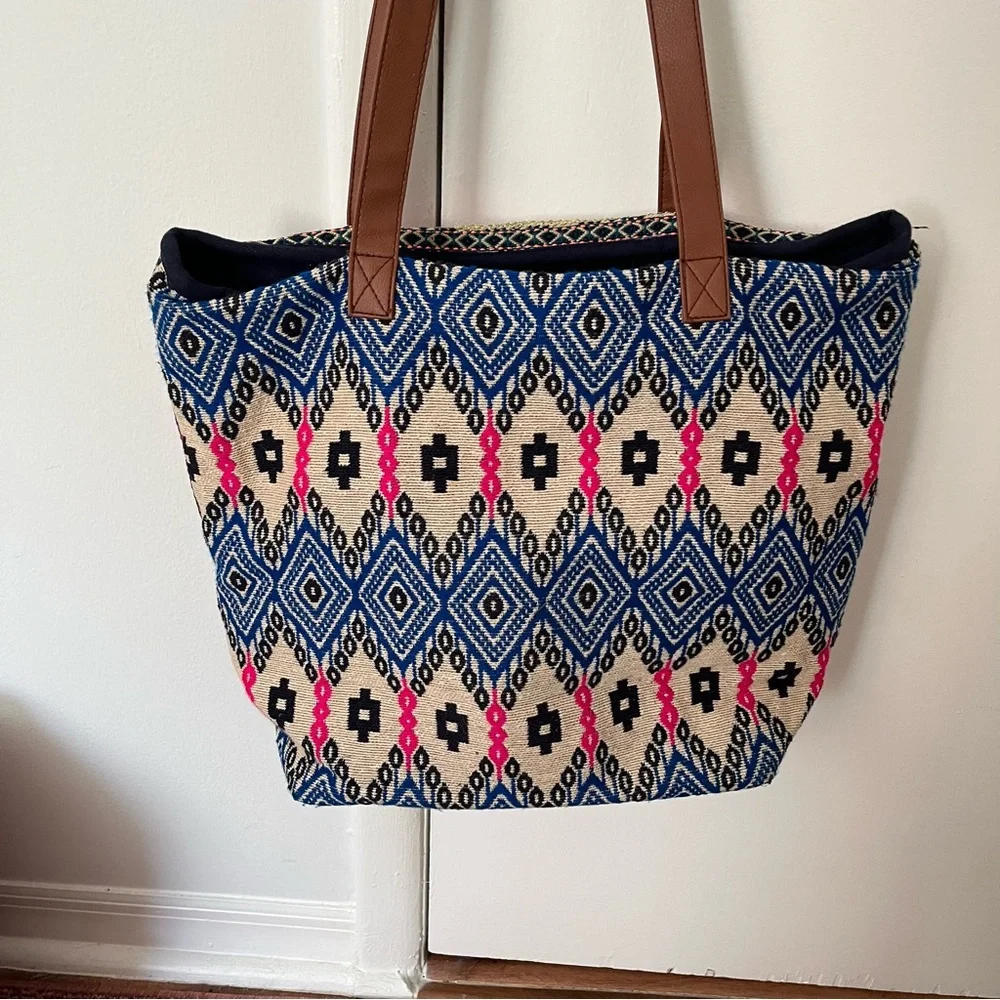 Boho Woven Tote Bag with Brown Handles - Navy, Pink & Cream